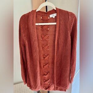 Rust Open Front Sweater with Lace Up Detail NWOT
